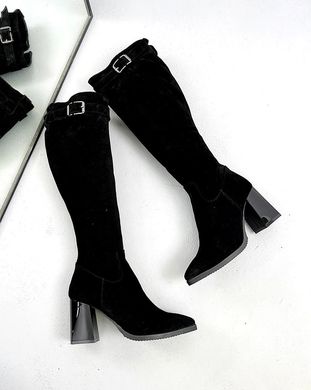 Черные замшевые зимние ботфорты на каблуке с острым носком 36 размер