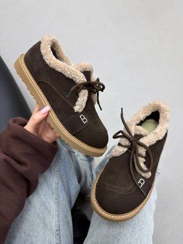 Коричневі замшеві зимові лофери анатомічні barefoot на шнурівці 37 розмір
