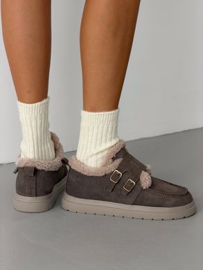 Темно-бежеві замшеві Зимові лофери анатомічні barefoot з опушкою 36 розмір