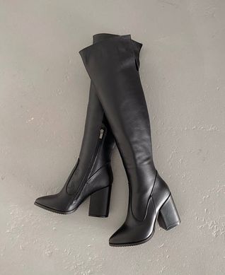 Черные кожаные зимние ботфорты на каблуке 36 размер