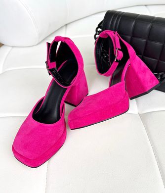 Розовые фуксия замшевые туфли с ремешком на толстом каблуке