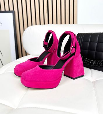 Розовые фуксия замшевые туфли с ремешком на толстом каблуке